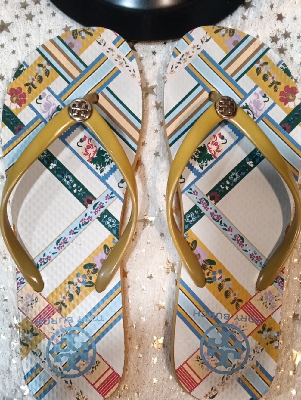 Tory Burch Mustard Yellow Logo-Accent Patterned Flip Flops